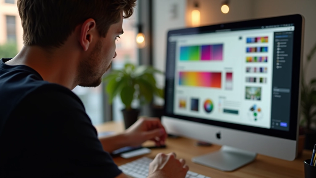 Designér vybírá barvy z digitální palety na počítači, barevný monitor ukazuje RGB spektrum