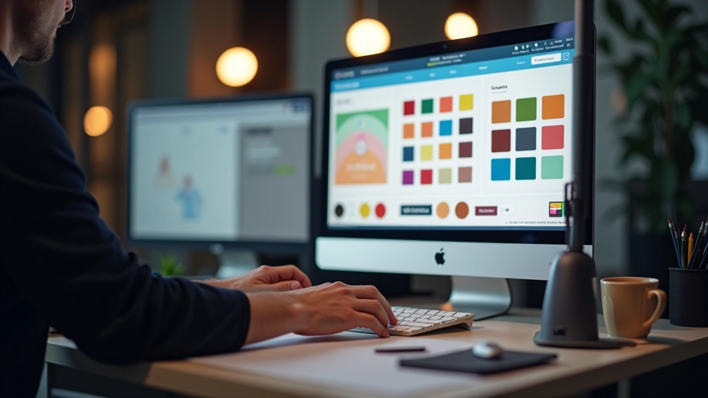 Designer testující kontrast barev v designovacím programu s otevřenými barvami a analytickými nástroji