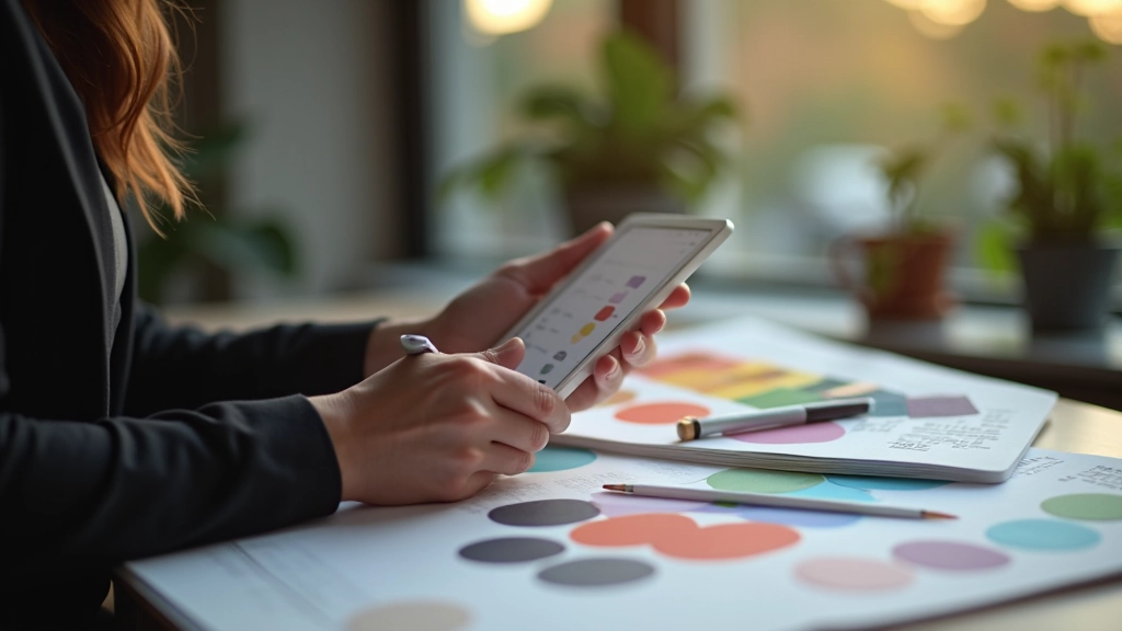 Grafický návrhář pracuje s barevnými paleta na digitálním tabletu v moderním designovém studiu