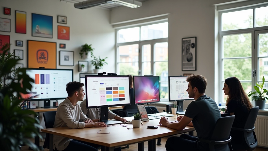 Moderní designový prostor s více monitory a barevnými systémy na obrazovkách