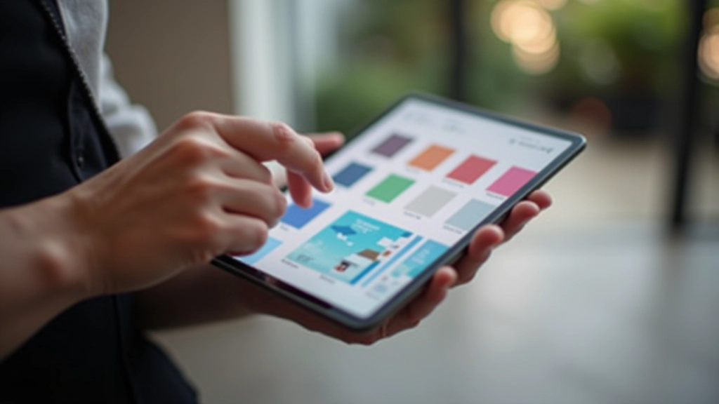Moderní webový design s minimalistickým rozhraním a vyváženými barvami, uživatelé pracují na tabletě